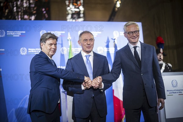 Trip by the Federal Minister for Economic Affairs and Vice-Chancellor Robert Habeck to Rome on 30 October 2023. Meeting with his Italian and French counterparts Urso and Le Maire. Press meeting at the Ministry of the Economy, Rome, Italy, Europe