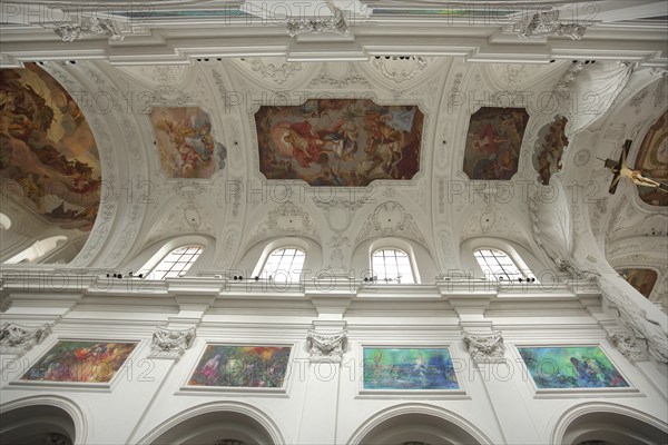 Ceiling fresco and modern paintings in the baroque Neumünster Church, Neumünster Church, decorations, interior view, view upwards, perspective, Würzburg, Lower Franconia, Franconia, Bavaria, Germany, Europe