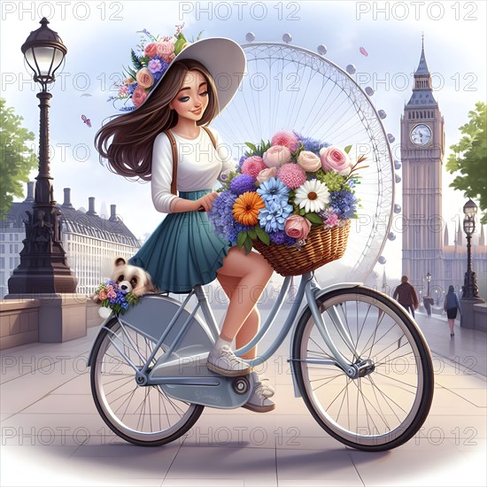 Cute anime girl on bicycle with flowers in the city of London. AI generated