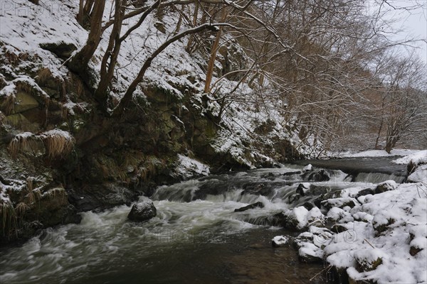 Waterfall in the Polenz in Saxon Switzerland in winter, Saxon Switzerland, Elbe Sandstone Mountains, Saxony, Germany, Europe