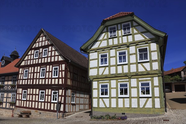 Germany's second smallest town, Ummerstadt in the district of Hildburghausen, market square with historic half-timbered ensemble, Thuringia, Germany, Europe