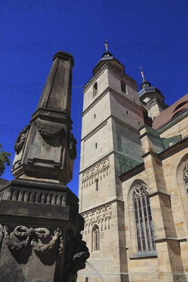 The city church, Holy Trinity, and the obelisk fountain in the city centre, Bayreuth, Upper Franconia, Bavaria, Germany, Europe