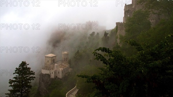 Castello Pepoli, La Torretta, Norman Castle, Slope, Fog, Castle, Erice, Trapani Province, Mountain, Sicily, Italy, Europe