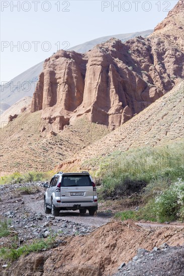 Toyota Landcruiser, off-road trip on unpaved road in a canyon, Chuy Province, Kyrgyzstan, Asia