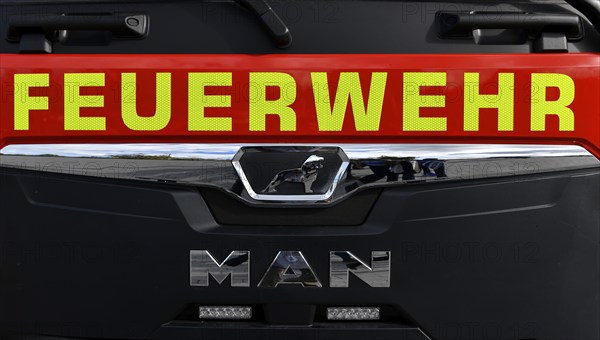 Lettering, logo, fire brigade, MAN, emergency vehicle, PreZero Arena, Sinsheim, Baden-Württemberg, Germany, Europe