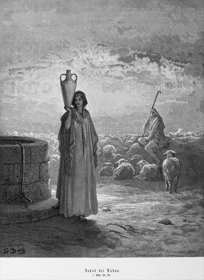 Bible, Jacob at Laban's, Genesis, 29, 20, Moses, Old Testament, Genesis, flock of sheep, shepherd, staff, well, woman, robe, water jug, rope, bright sky, historical illustration 1885