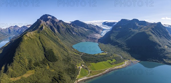 Glacier tongue of the Svartisen glacier with glacial lake and fjord, Helgeland coast, Nordland, Norway, Europe