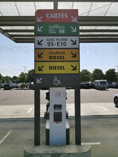Petrol station, sign indicating the different types of fuel, at a motorway service station on the A31 in France, Aire de Lorraine Sandaucourt-lès-Rappes