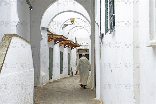 Moroccan Muslim man wearing traditional Islamic djellaba, jillaba walking in medina of the city Tétouan, Tettawen, Morocco, Africa