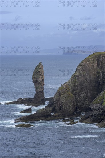 Old Man of Stoer, 60 metres high sea stack of Torridonian sandstone at the Point of Stoer in Sutherland, Scottish Highlands, Scotland, United Kingdom, Europe