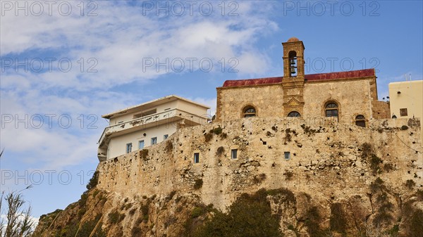 High wall, church, red roof, white outbuilding, Chrissoskalitissa, rock monastery, Orthodox monastery, southwest tip, Chania province, Crete, Greece, Europe