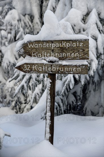 Snowy signpost near the Hornisgrinde, near Sasbach, Ortenaukreis, Black Forest, Baden-Württemberg, Germany, Europe
