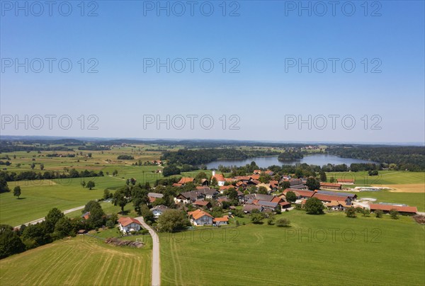 Drone shot, Abtsdorfer See with village Abtsdorf, Rupertiwinkel, Upper Bavaria, Bavaria, Germany, Europe