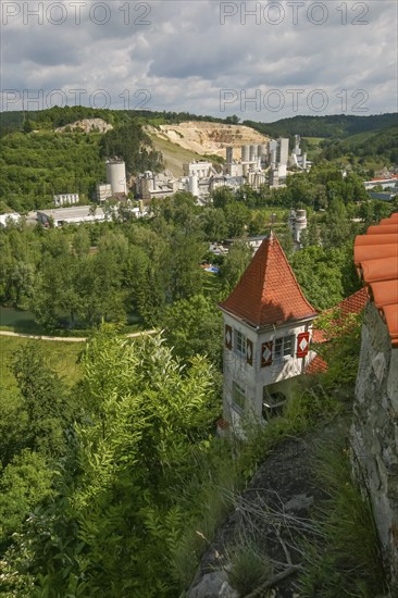 View from Klingenstein Castle, historical building, architecture, green landscape, clouds, castle in the Blautal, Blaustein, Baden-Württemberg, Germany, Europe