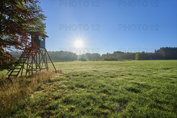 Hunting pulpit, meadow landscape, forest, sky, sunrise, autumn, beeches, Odenwald, Baden-Württemberg, Germany, Europe