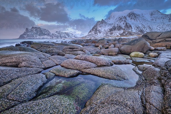 Rocks on beach of fjord of Norwegian sea in winteron sunset. Utakliev beach, Lofoten islands, Norway, Europe