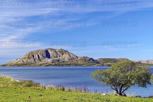 Single mountain and view of Torghatten, Bronnöysund, Kystriksveien, FV 17, Helgeland, Norway, Europe