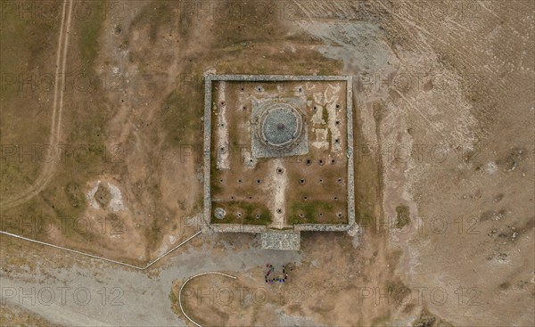 Aerial view, looking down on the caravanserai of Tash Rabat from the 15th century, Naryn region, Kyrgyzstan, Asia