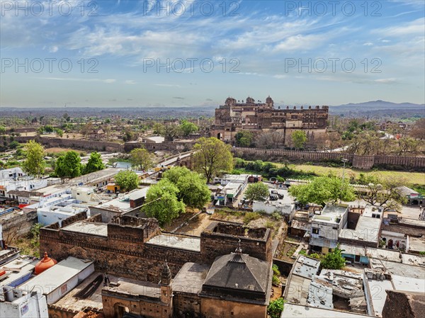Aerial view of Orchha village and Orchha palace, Orchha, Madhya Pradesh, India, Asia