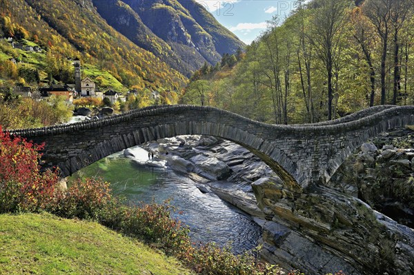 Old Roman bridge Ponte dei Salti over Verzasca, Lavertezzo, Verzasca Valley, Valle Verzasca, Canton Ticino, Switzerland, Europe