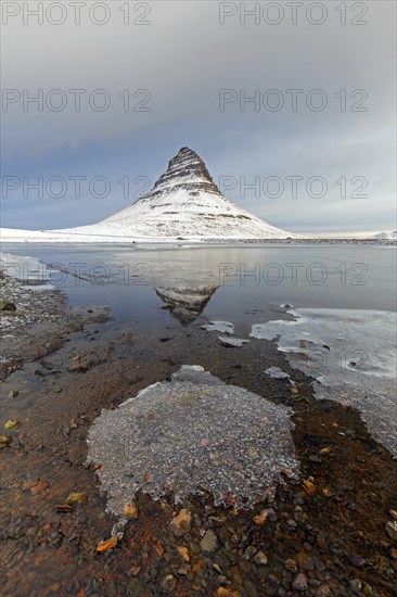 Kirkjufell, nunatak hill covered in snow reflected in water of fjord on the Snæfellsnes peninsula in winter, most photographed mountain in Iceland