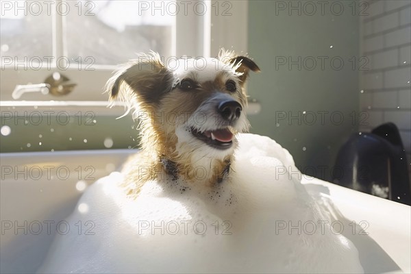 Dog in bath tube full of foam. KI generiert, generiert AI generated