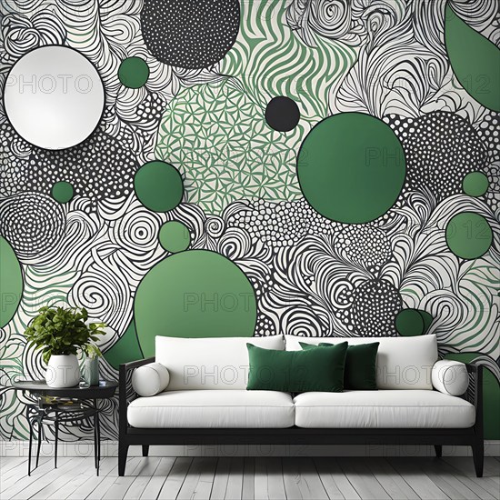 Minimalist illustration featuring abstract shapes to convey fun and ease, wallpaper with green color accent, AI generated