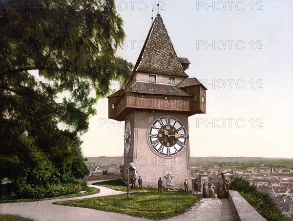The clock tower, Graz, Styria, formerly Austro-Hungary, today Austria, c. 1890, Historic, digitally restored reproduction from a 19th century original, The clock tower, Styria, former Austro-Hungary, today Austria, 1890, Historic, digitally restored reproduction from a 19th century original