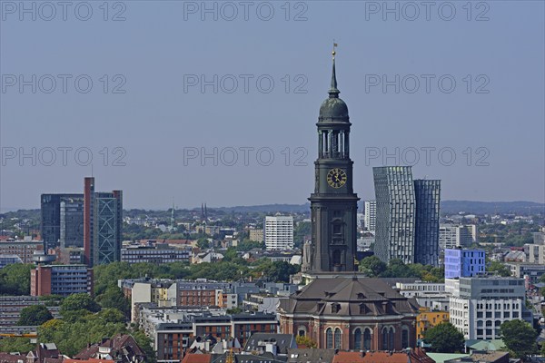 Europe, Germany, Hamburg, City, View from above of St Michael's Church and Dancing Towers, St Pauli, Hamburg, Hamburg, Federal Republic of Germany, Europe