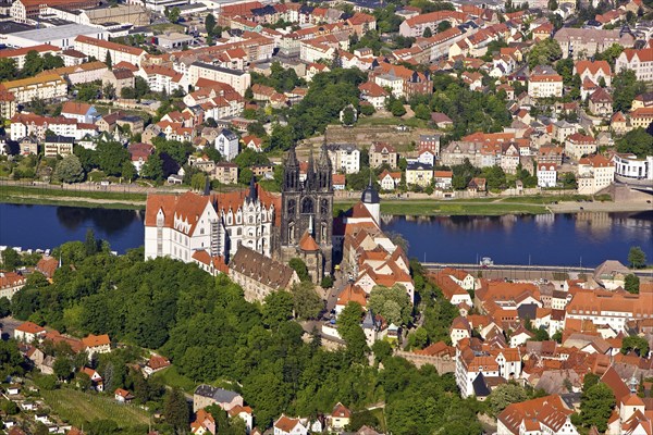 The castle hill of Meissen with the bishop's palace, Albrechtsburg castle and cathedral on the river Elbe