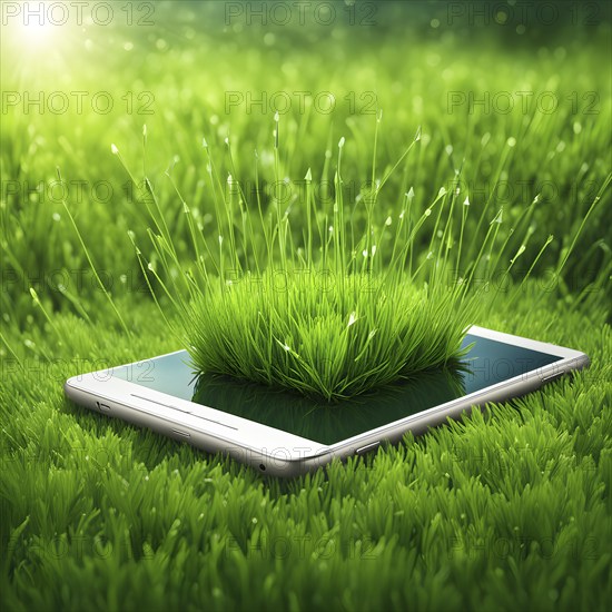Smartphone screen displaying green grass arrows sprouting upwards symbolizing growth and sustainability, AI generated