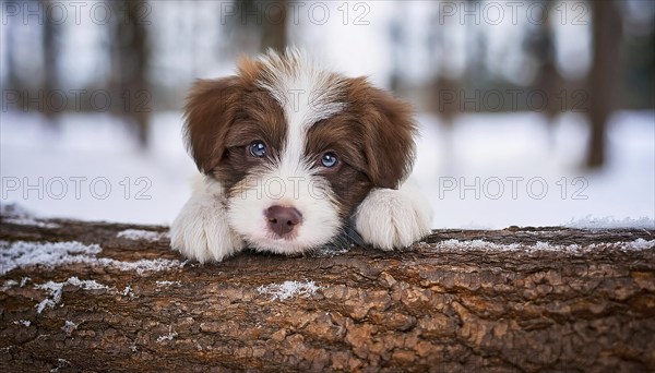 KI generated, dog, dogs, puppy, one, two, three, play, snow, winter, autumn leaves, blue sky, Kromfohrländer, Fox Terrier, (Canis lupus familiaris), German dog breed, rough coat, smooth coat, studio, AI generated