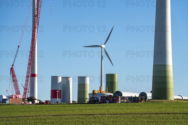 Construction site of a new wind turbine, modules of the tower, wind turbine from the manufacturer Enercon, wind farm near Bad Wünnenberg, North Rhine-Westphalia, Germany, Europe