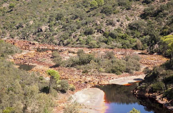 Blood red mineral laden water Rio Tinto river Minas de Riotinto mining area, Huelva province, Spain, Europe
