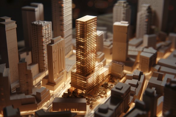 Architectural model made of wood, illuminated, model making for architecture, design, architectural design of a modern residential neighbourhood, housing estate on a body of water, new construction, modern residential buildings, AI generated, AI generated, AI generated