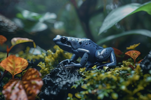Blue poison dart frog on leaves, AI generated