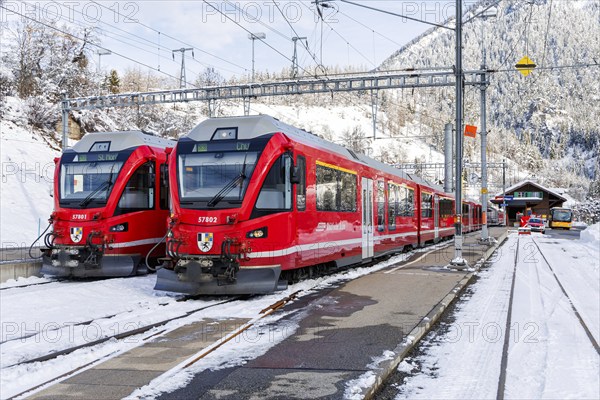 Rhaetian Railway trains on the Albula railway Stadler Rail passenger train at Filisur station, Switzerland, Europe