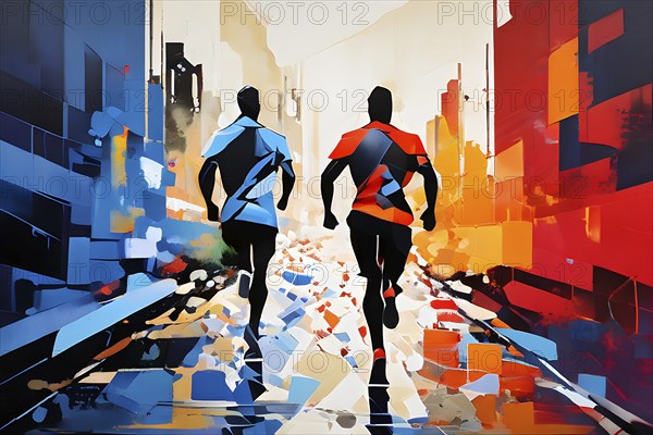 Marathon 2024 olympic runners in abstract dynamic shapes, AI generated