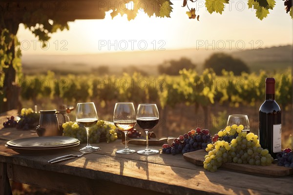 AI generated wine tasting table setup with wine and vine grapes nestled subtly amidst a thriving vineyard bathed in golden hour light