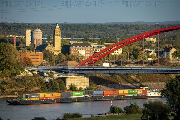 The Rhine near Duisburg, Bridge of Solidarity, Mörser Straße, Rheinhausen, Marien-Hospital, Coptic, Orthodox Church, left the AWA, Akkurt Water Tower, behind the MSV Stadtion, Schauinsland-Reisen-Arena, Duisburg, North Rhine-Westphalia, Germany, Europe