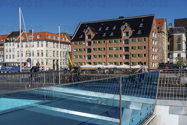Cyclists on the Inderhavnsbroen cycle and footpath bridge, over the harbour, at Nyhavn, Copenhagen is considered the cycling capital of the world, 45 % of the population travel by bike, Denmark, Europe
