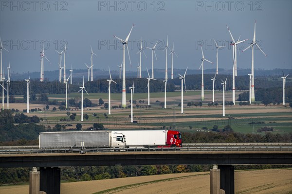 Wind farm near Lichtenau, bridge on the A44 motorway, Ostwestfalen Lippe, North Rhine-Westphalia, Germany, Europe