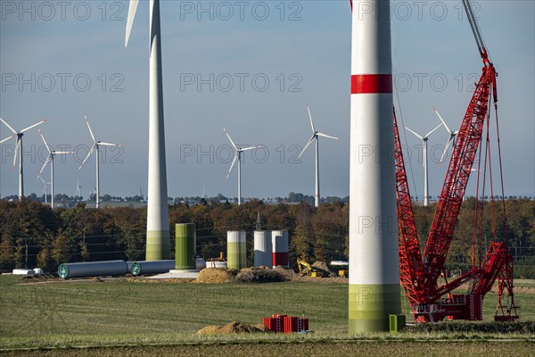 Construction site of a new wind turbine, modules of the tower, wind turbine from the manufacturer Enercon, wind farm near Bad Wünnenberg, North Rhine-Westphalia, Germany, Europe