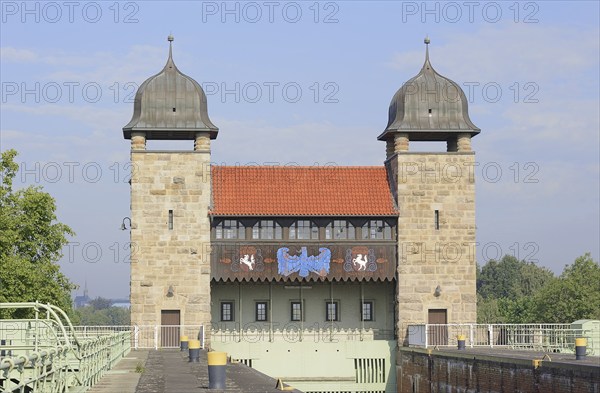 Old shaft lock, Henrichenburg boat lift, Waltrop lock park, Route of Industrial Heritage, North Rhine-Westphalia, Germany, Europe