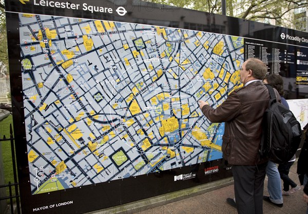 Large location map for tourists, Leicester Square, London, England, UK
