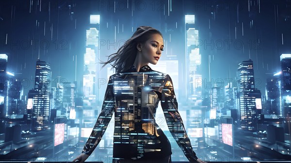 Digital representation of a multiple exposure photograph featuring a cyber human and an urban architecture, AI generated