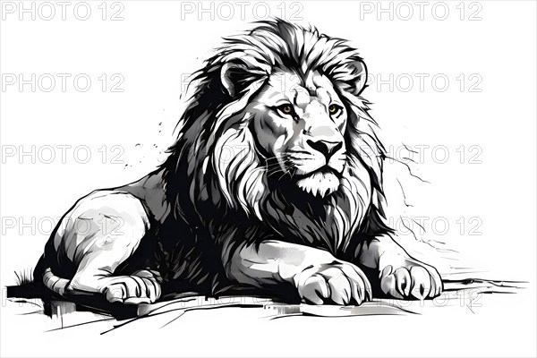 Black and white line art lion, AI generated
