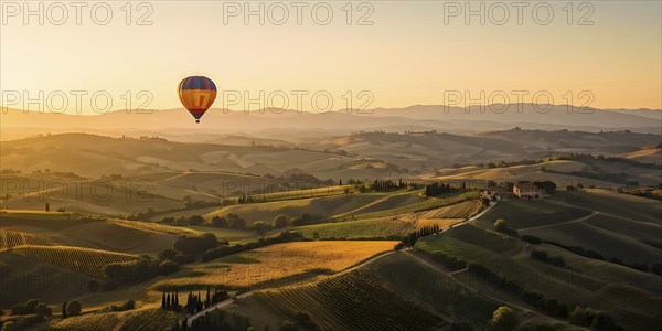 Hot air balloon drifting above undulating tuscan hills in sunsets golden light, AI generated