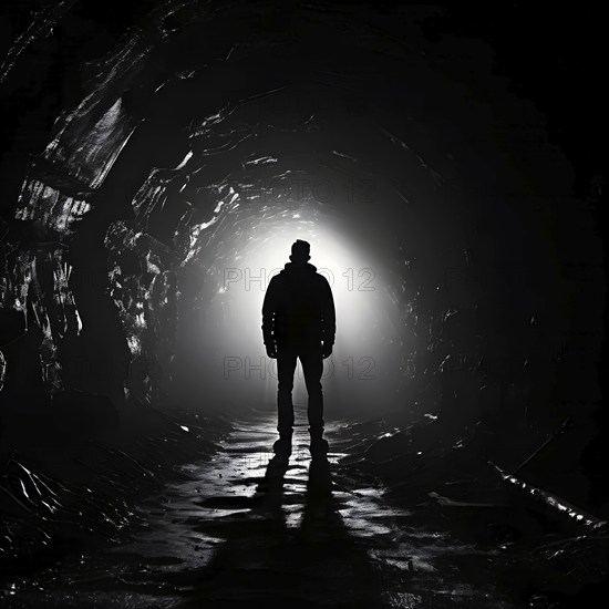 Silhouette of a man at a tunnels entrance with a stark contrast, AI generated