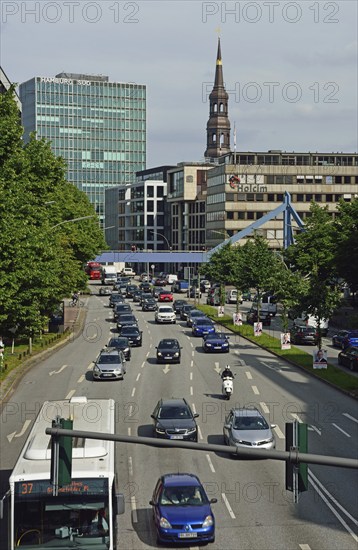 Europe, Germany, Hamburg, Altstadt, Willy-Brandt-Str., View to the shipping company Hamburg Süd and tower of St. Katharinen, Main road, Hamburg, Hamburg, Federal Republic of Germany, Europe